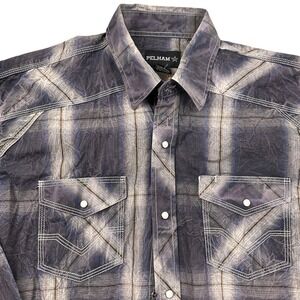 PELHAM Shirt Mens 2XLT Gray Blue Purple Plaid Long Sleeve Western Snap Crinkle